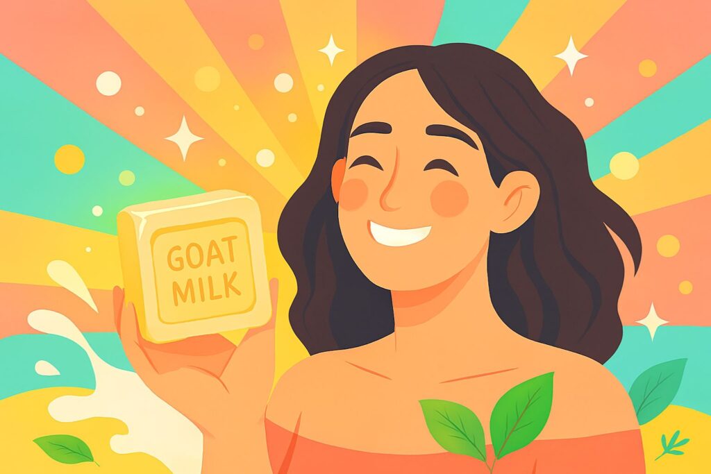 Woman washing face with goat milk soap in morning light