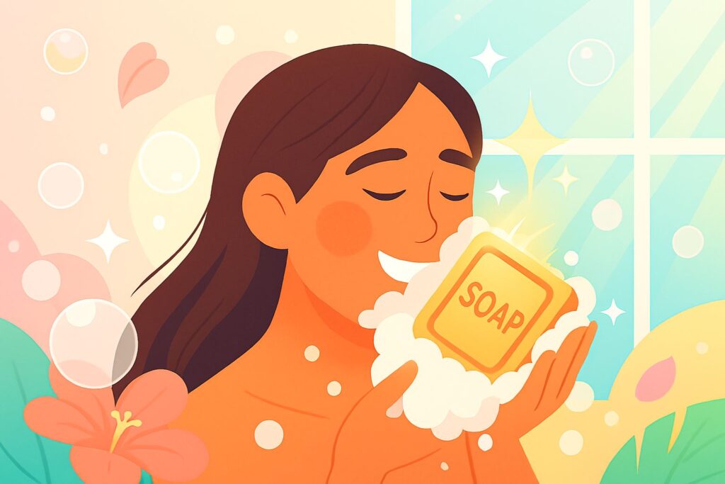 Woman washing her face with glowing goat milk soap, surrounded by hydration waves and sparkles.