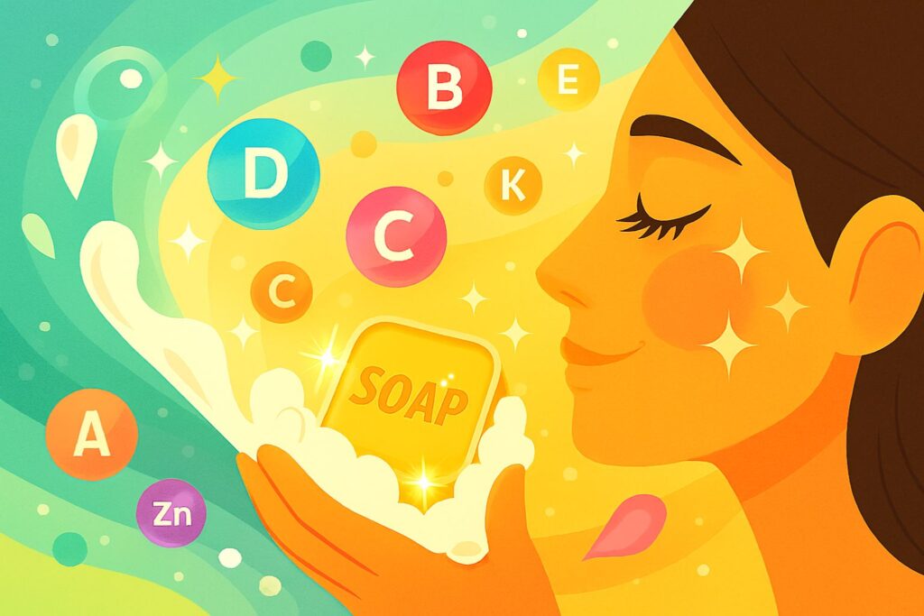 Colorful sparkles of vitamins and minerals entering skin, boosting radiance with goat milk soap.