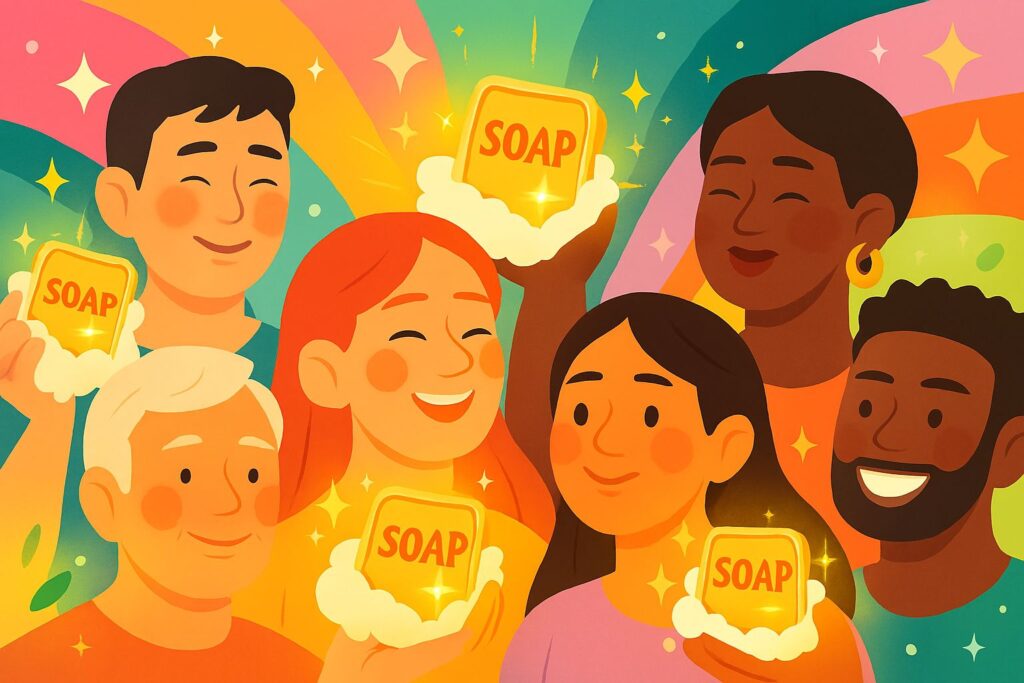 Diverse group of people holding glowing goat milk soap bars, each with radiant skin in natural tones