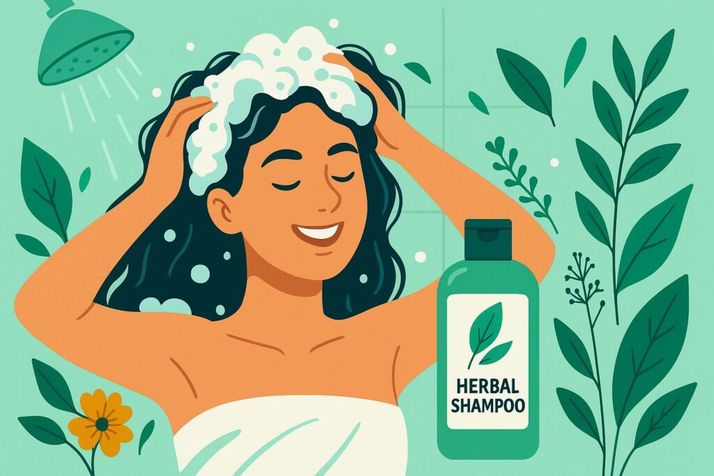 A person joyfully washing their hair in a shower, surrounded by vibrant green leaves and natural botanical elements like flowers and herbs, symbolizing the nourishing and gentle benefits of herbal shampoo. The shampoo bottle features subtle natural motifs to emphasize purity. The scene is a modern editorial vector illustration with predominantly cool-toned shades