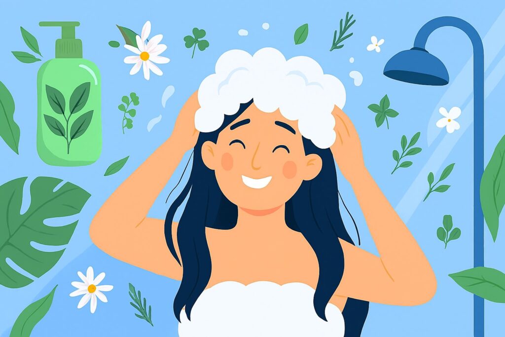 A person joyfully washing their hair in a shower, surrounded by vibrant green leaves and natural botanical elements like flowers and herbs, symbolizing the nourishing and gentle benefits of herbal shampoo. The shampoo bottle features subtle natural motifs to emphasize purity. The scene is a modern editorial vector illustration with predominantly cool-toned shades