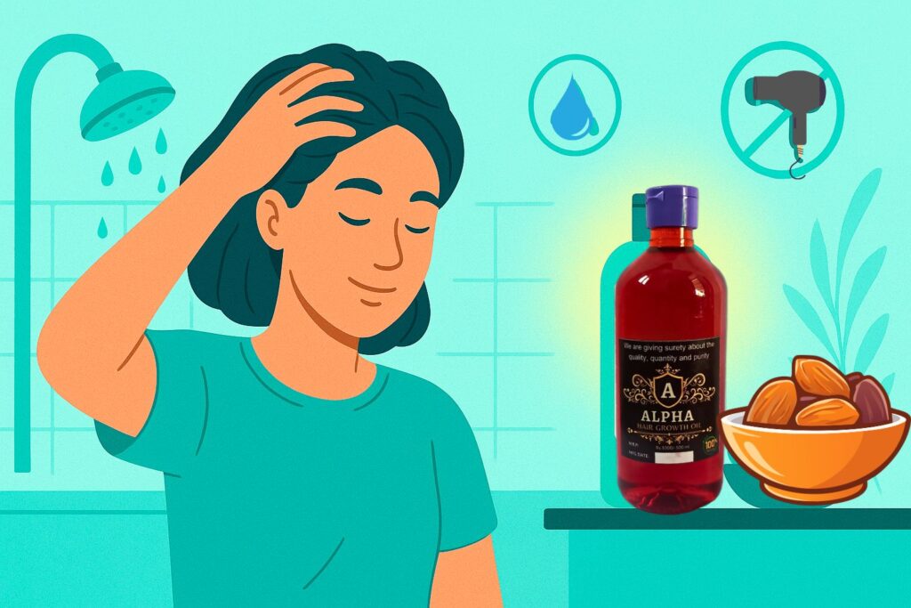 A person in a bathroom setting performing a hair care routine: massaging their scalp with one hand, an oil bottle labeled 'Coconut Oil' nearby. Around them are small icons representing lukewarm water droplets, a fruit bowl with nuts, and a crossed-out image of heat styling tools. The composition suggests healthy lifestyle choices complementing hair care. Rendered in a modern editorial vector illustration style with predominantly cool-toned shades