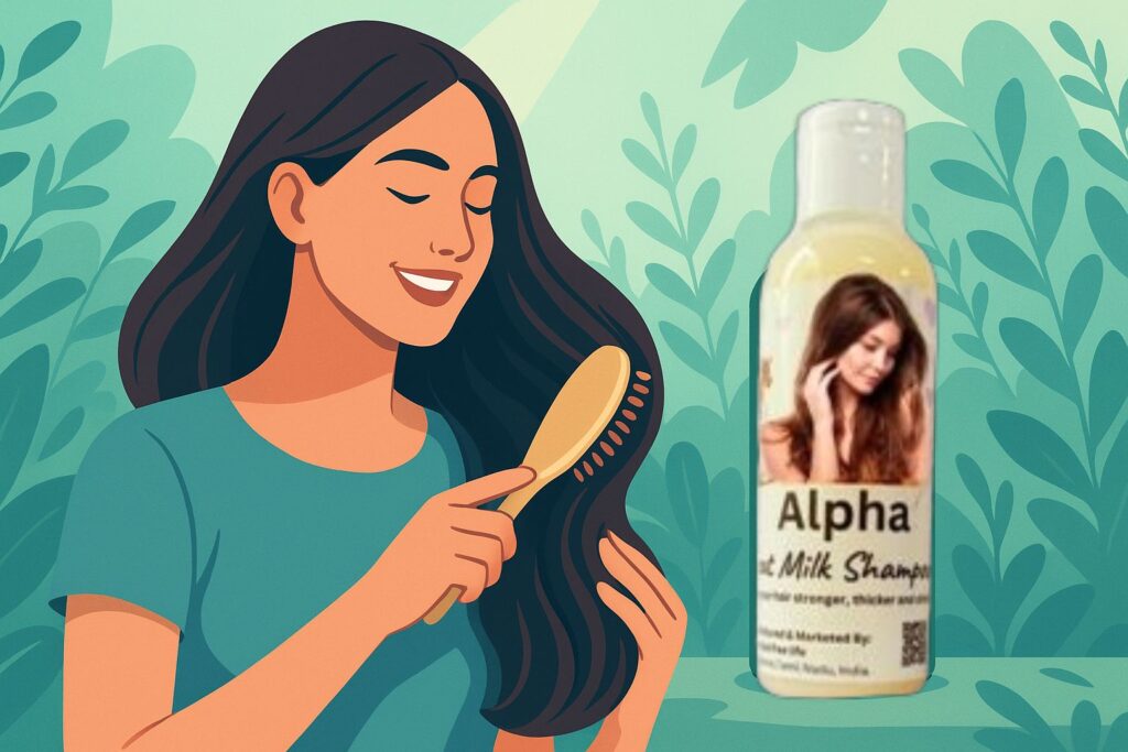 Editorial vector illustration of a woman brushing long, shiny hair outdoors with soft sunlight and plants; a herbal shampoo bottle labeled 'Herbal Shampoo' is visible — promotes chemical-free, natural hair care by Chemicals Free Life.